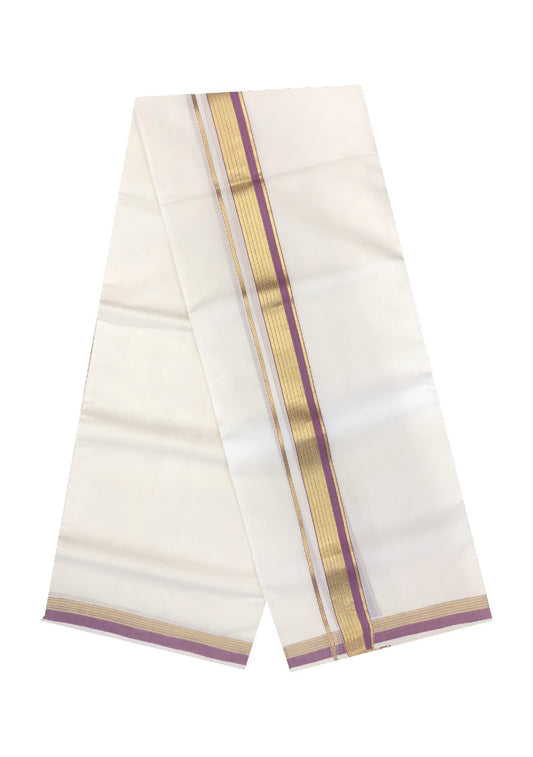 10% DISCOUNT! KaithariKada Balaramapuram Handloom 100% Cotton Double Off white Mundu/Dhoti-100X100- 2 inch Gold Kasavu & violet  Kara-12.