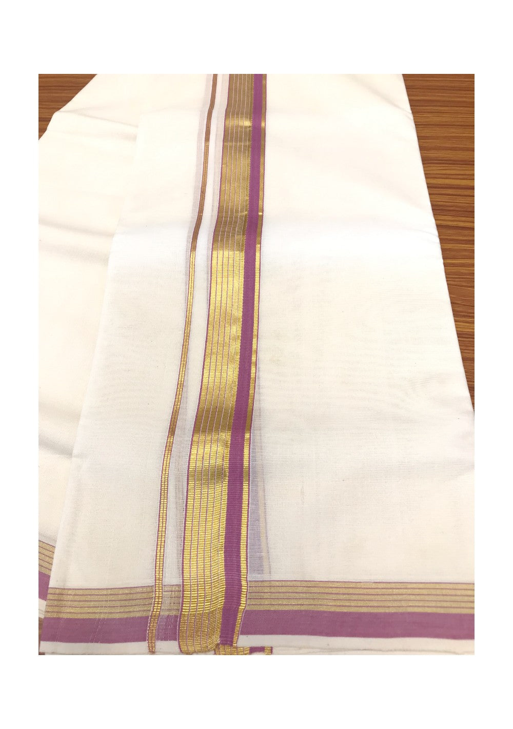 10% DISCOUNT! KaithariKada Balaramapuram Handloom 100% Cotton Double Off white Mundu/Dhoti-100X100- 2 inch Gold Kasavu & violet  Kara-12.