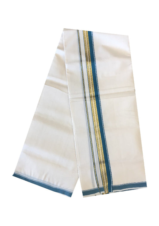 10% DISCOUNT! KaithariKada Balaramapuram Handloom 100% Cotton Double Off white Mundu/Dhoti-100X100- 2.25 inch Gold Kasavu & Blue Green  Kara-15.