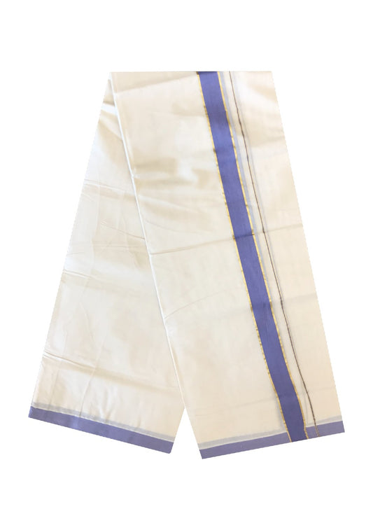 10% DISCOUNT! KaithariKada Balaramapuram 100% Cotton Double Off white Mundu/Dhoti-100X100- 2 inch Gold Kasavu & Violet Kara-16.