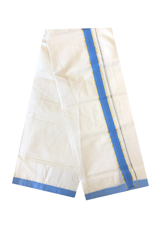 10% DISCOUNT! KaithariKada Balaramapuram 100% Cotton Double Off white - (Unbleached) - Mundu/Dhoti-100X100- 2 inch Gold Kasavu & Dark Sky Blue  Kara- 17.