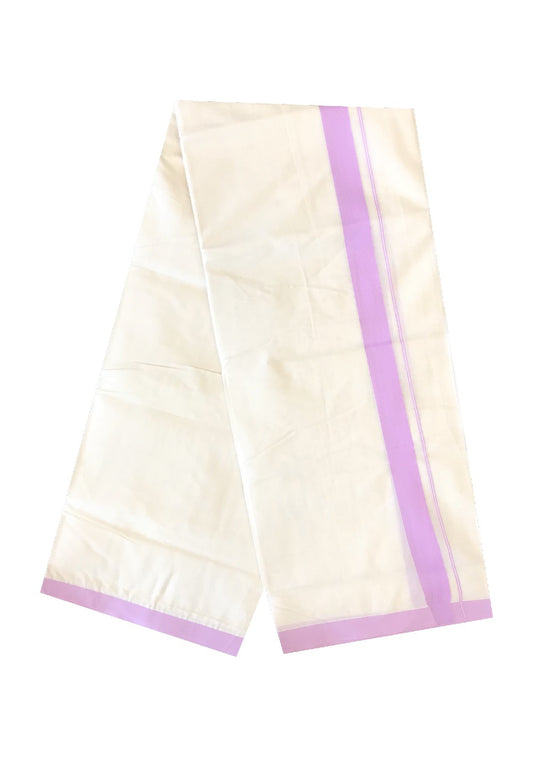 10% DISCOUNT! KaithariKada Balaramapuram 100% Cotton Double Off white Mundu/Dhoti-100X100-1.75 inch  Lavender Violet  Kara-22.