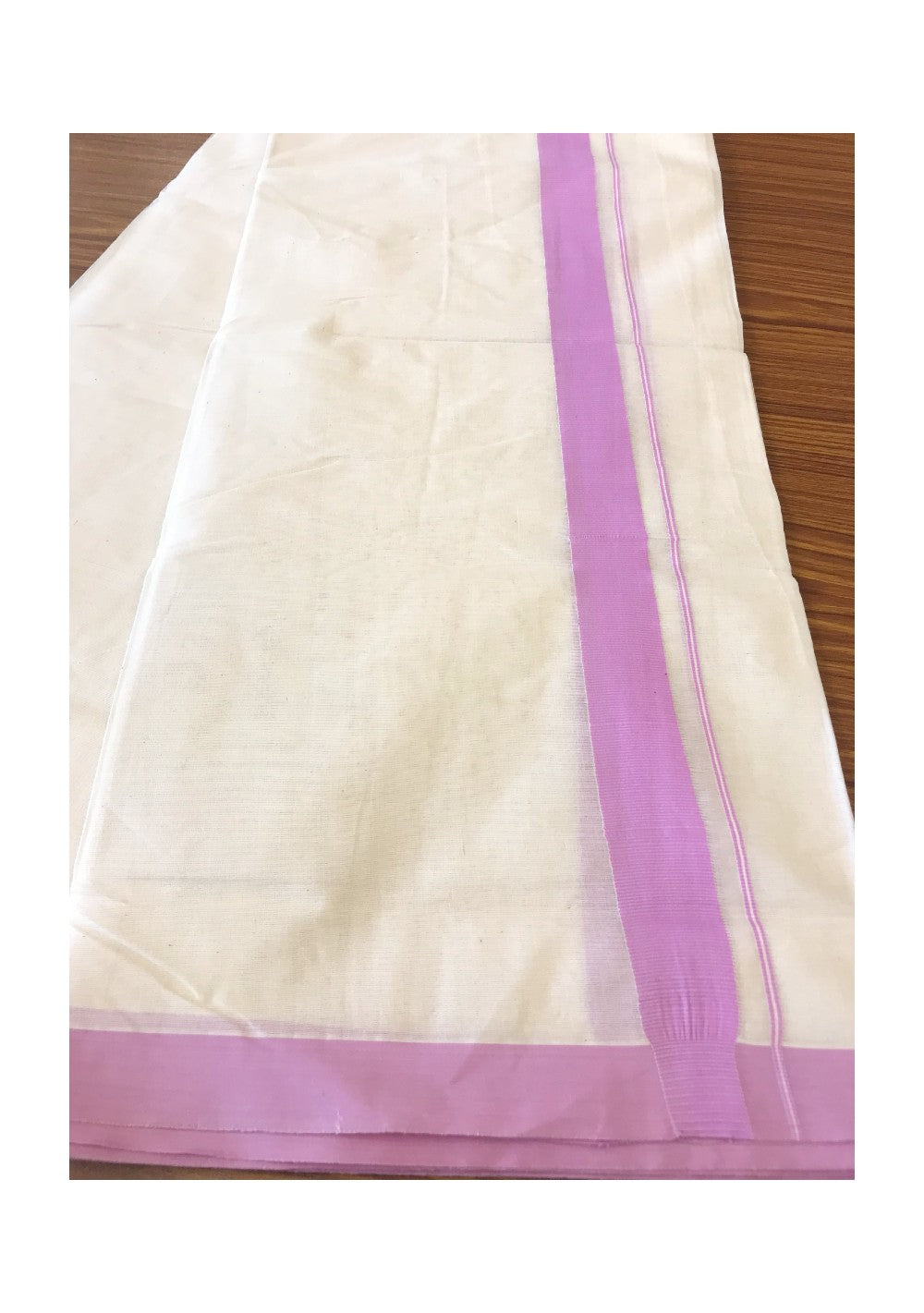 10% DISCOUNT! KaithariKada Balaramapuram 100% Cotton Double Off white Mundu/Dhoti-100X100-1.75 inch  Lavender Violet  Kara-22.