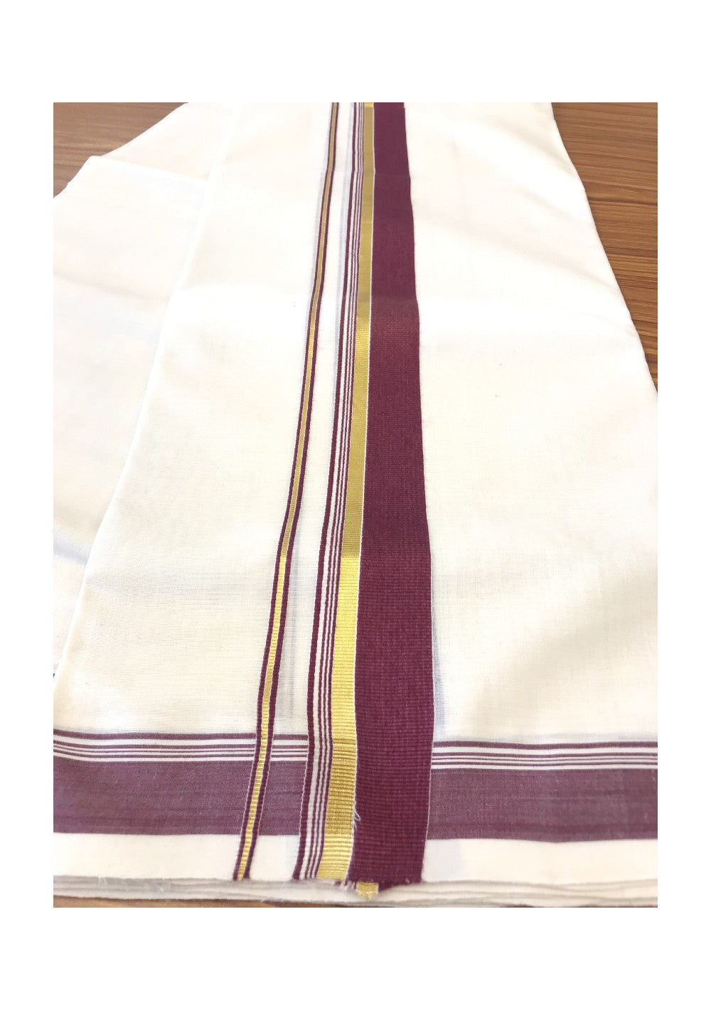 10% DISCOUNT! KaithariKada Balaramapuram Handloom 100% Cotton Double Off white Mundu/Dhoti-100X100- 2.25 inch Gold Kasavu &Brown Kara-25.