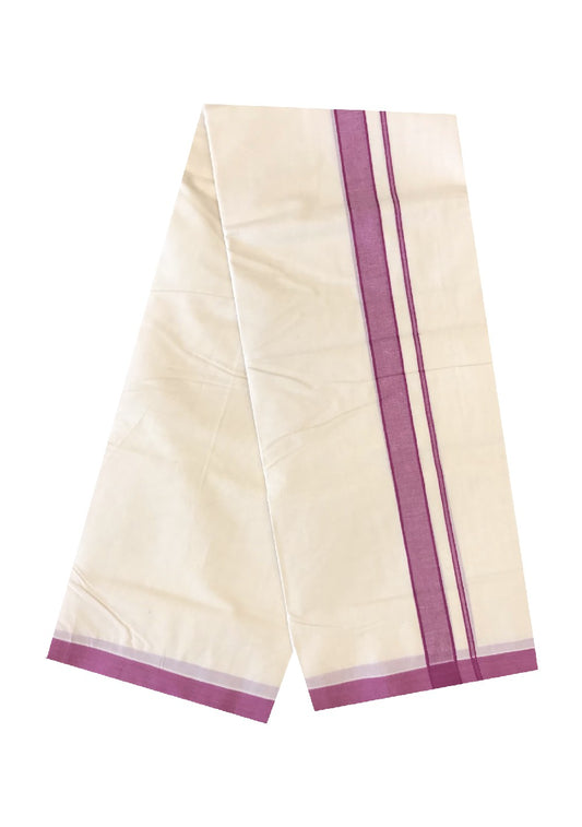 10% DISCOUNT! KaithariKada Balaramapuram 100% Cotton Double Off white Mundu/Dhoti-100X100- 2 inch Violet Kara-28.