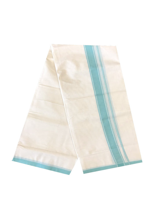 10% DISCOUNT! KaithariKada Balaramapuram 100% Cotton Double Off white Mundu/Dhoti-100X100- 2 inch Turquoise Green  Kara-29..