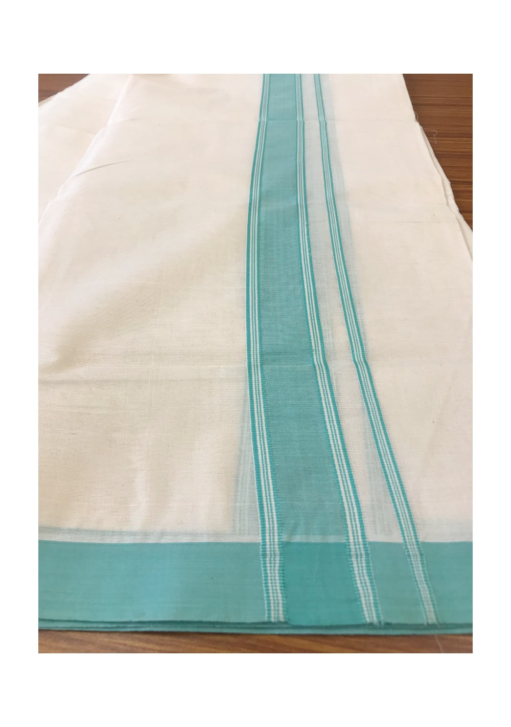 10% DISCOUNT! KaithariKada Balaramapuram 100% Cotton Double Off white Mundu/Dhoti-100X100- 2 inch Turquoise Green  Kara-29..