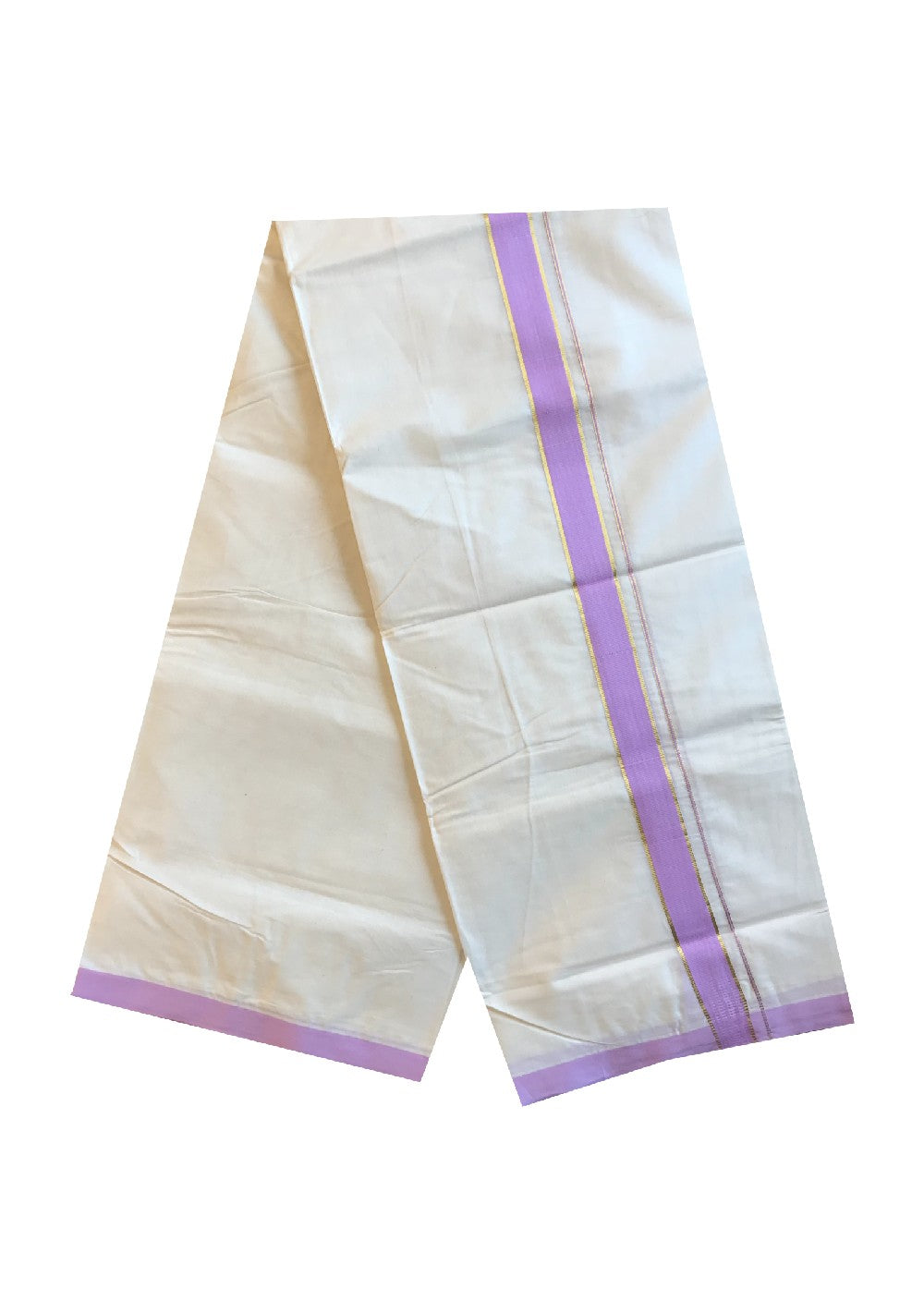 10% DISCOUNT! KaithariKada Balaramapuram 100% Cotton Double Off white Mundu/Dhoti-100X100- 1.75 inch  Lavender Violet Kara-31.