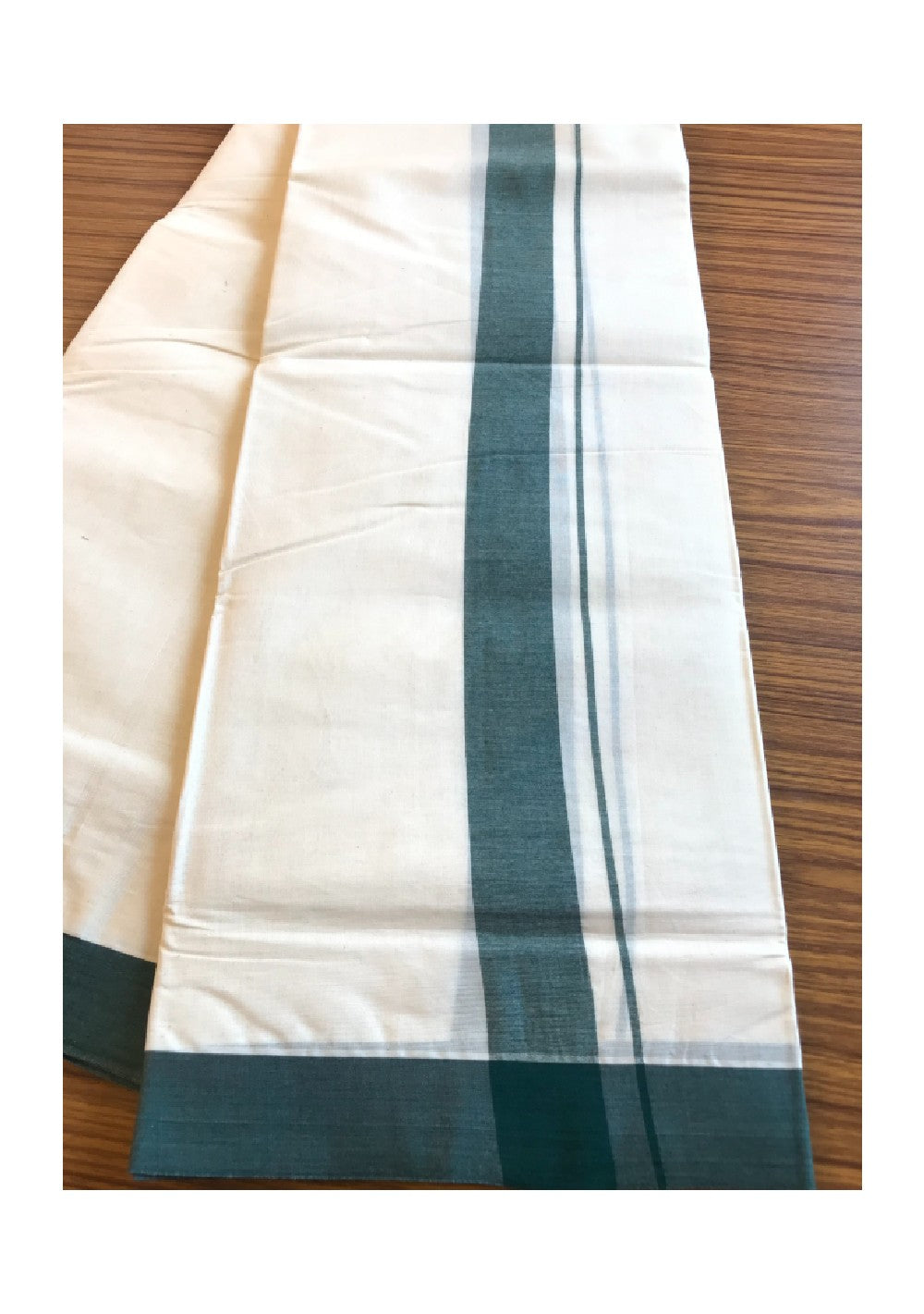 10% DISCOUNT! KaithariKada Balaramapuram 100% Cotton Double Off white Mundu/Dhoti-100X100- 2.25 inch Green  Kara-38.