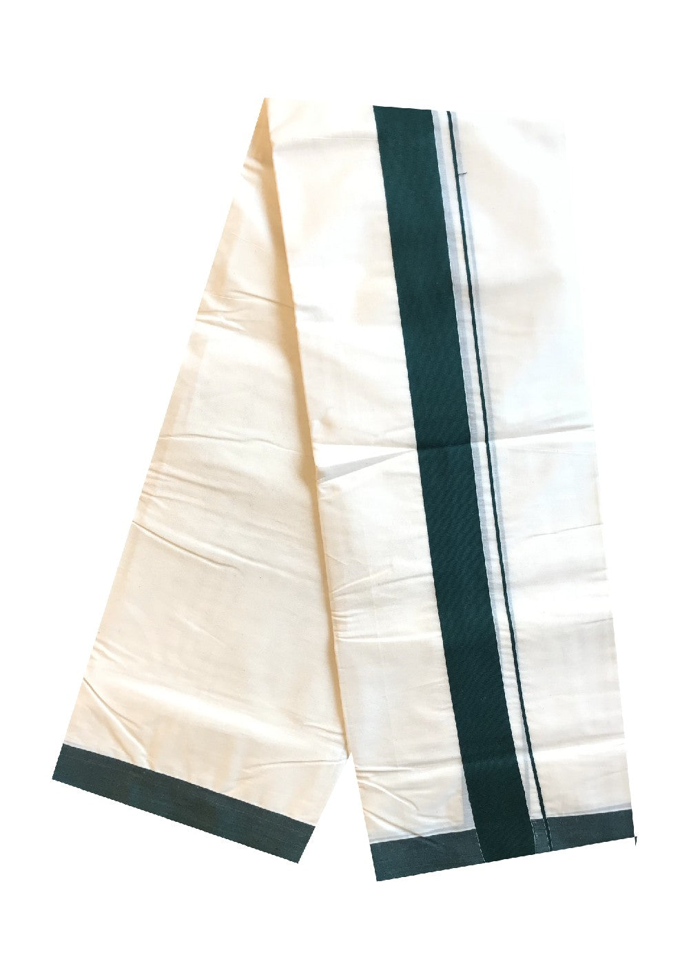 39% DISCOUNT! KaithariKada Balaramapuram 100% Cotton Double Off white Mundu/Dhoti-100X100- 2.25 inch Green  Kara-39