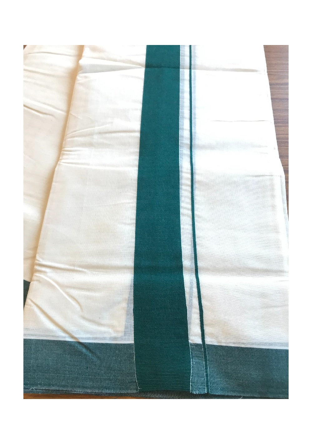 39% DISCOUNT! KaithariKada Balaramapuram 100% Cotton Double Off white Mundu/Dhoti-100X100- 2.25 inch Green  Kara-39