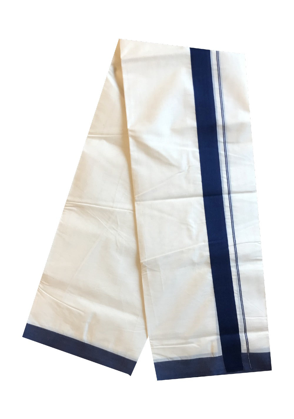 10% DISCOUNT! KaithariKada Balaramapuram 100% Cotton Double Off white Mundu/Dhoti-100X100- 2  inch Navy Blue  Kara-40.