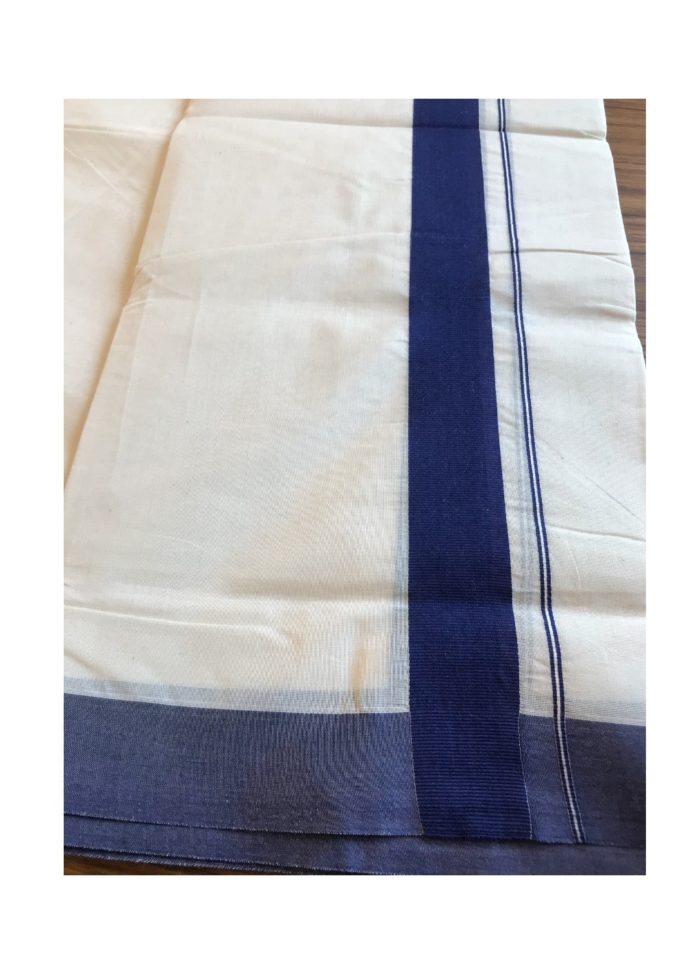 10% DISCOUNT! KaithariKada Balaramapuram 100% Cotton Double Off white Mundu/Dhoti-100X100- 2  inch Navy Blue  Kara-40.