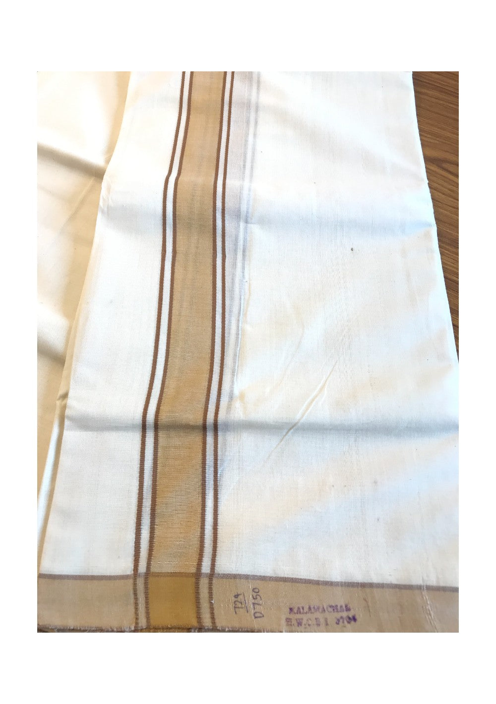 10% DISCOUNT! KaithariKada Balaramapuram HANDLOOM  100% Cotton Double Off white Mundu/Dhoti-100X100- 1.75 inch SAND BROWN Kara-43.