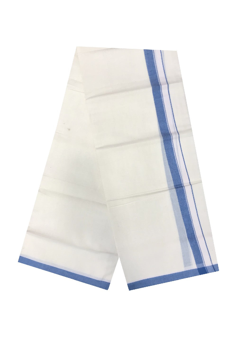 10% DISCOUNT! KaithariKada Balaramapuram 100% Cotton Double Off white Mundu/Dhoti-100X100-  1.75  inch BLUE  Kara-49.