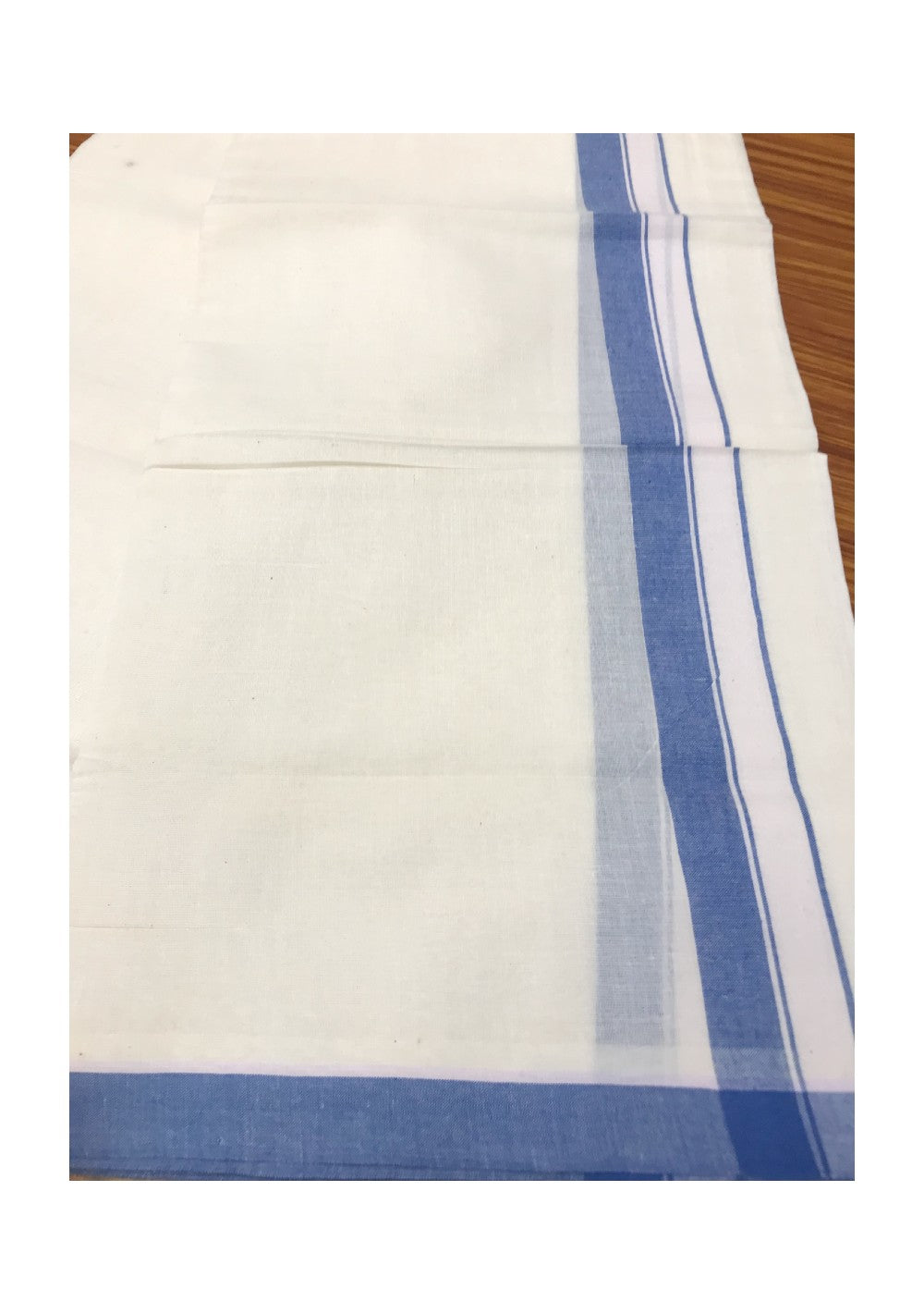 10% DISCOUNT! KaithariKada Balaramapuram 100% Cotton Double Off white Mundu/Dhoti-100X100-  1.75  inch BLUE  Kara-49.