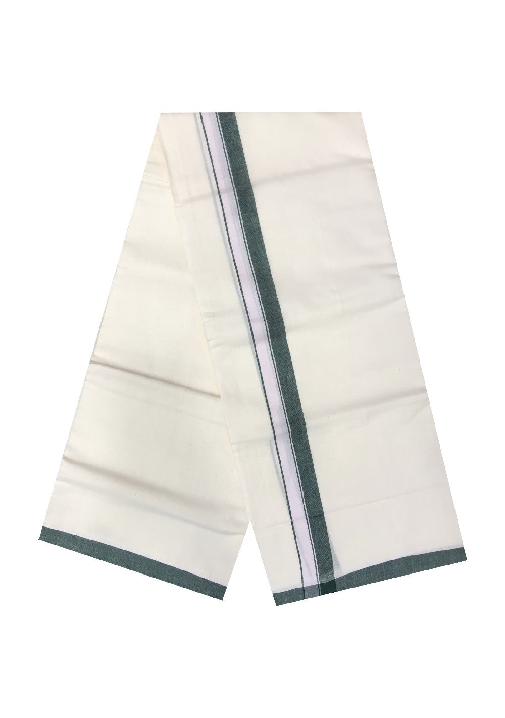 10% DISCOUNT! KaithariKada Balaramapuram 100% Cotton Double Off white Mundu/Dhoti-100X100- 1.5  inch  GREEN Kara-50.