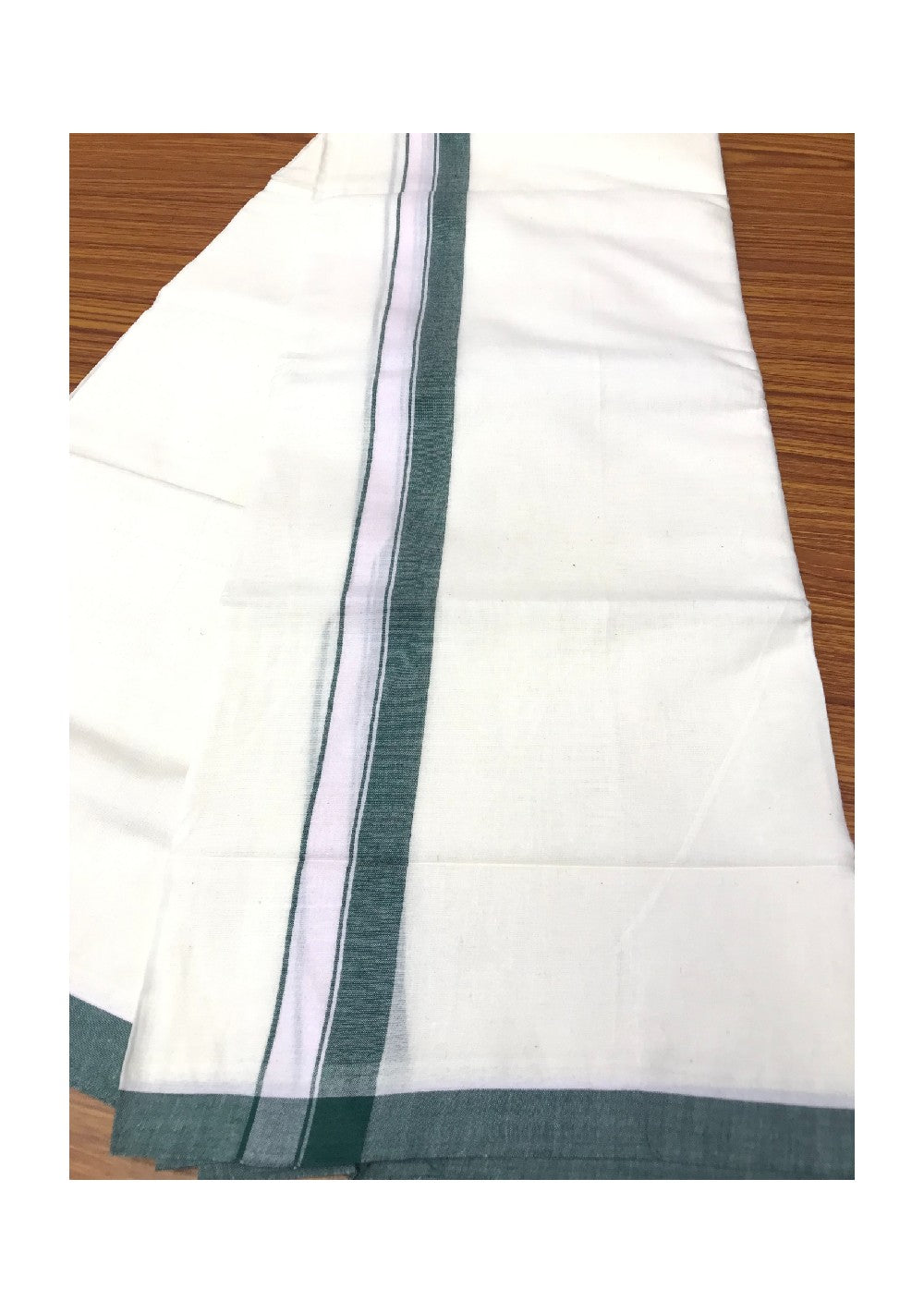 10% DISCOUNT! KaithariKada Balaramapuram 100% Cotton Double Off white Mundu/Dhoti-100X100- 1.5  inch  GREEN Kara-50.