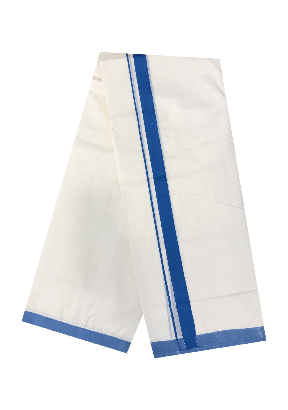 10% DISCOUNT! KaithariKada Balaramapuram HANDLOOM 100% Cotton Double Off white Mundu/Dhoti-100X100-  1.5inch BLUE  Kara-51