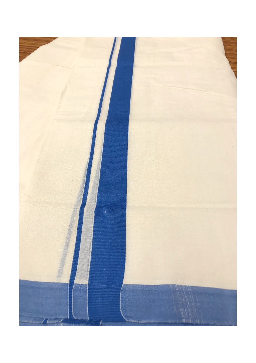 10% DISCOUNT! KaithariKada Balaramapuram HANDLOOM 100% Cotton Double Off white Mundu/Dhoti-100X100-  1.5inch BLUE  Kara-51