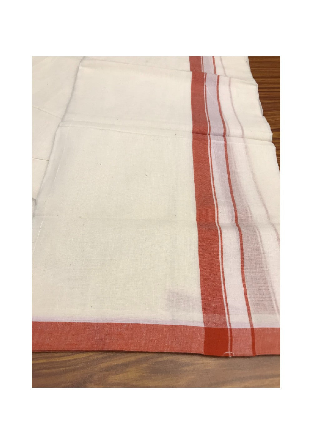 10% DISCOUNT! KaithariKada Balaramapuram 100% Cotton Double Off white Mundu/Dhoti-100X100- 1.5  inch ORANGE  Kara-52.