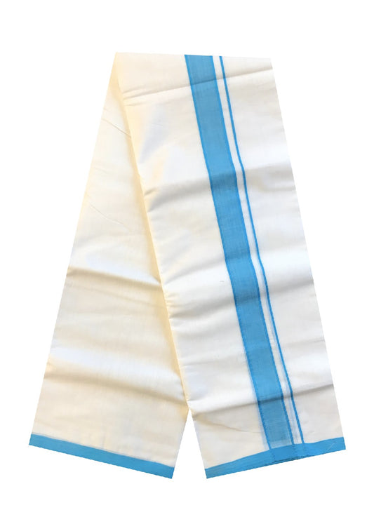 10% DISCOUNT! KaithariKada Balaramapuram  HANDLOOM 100% Cotton Double Off white Mundu/Dhoti-100X100- 2  inch SKY BLUE  Kara-60.