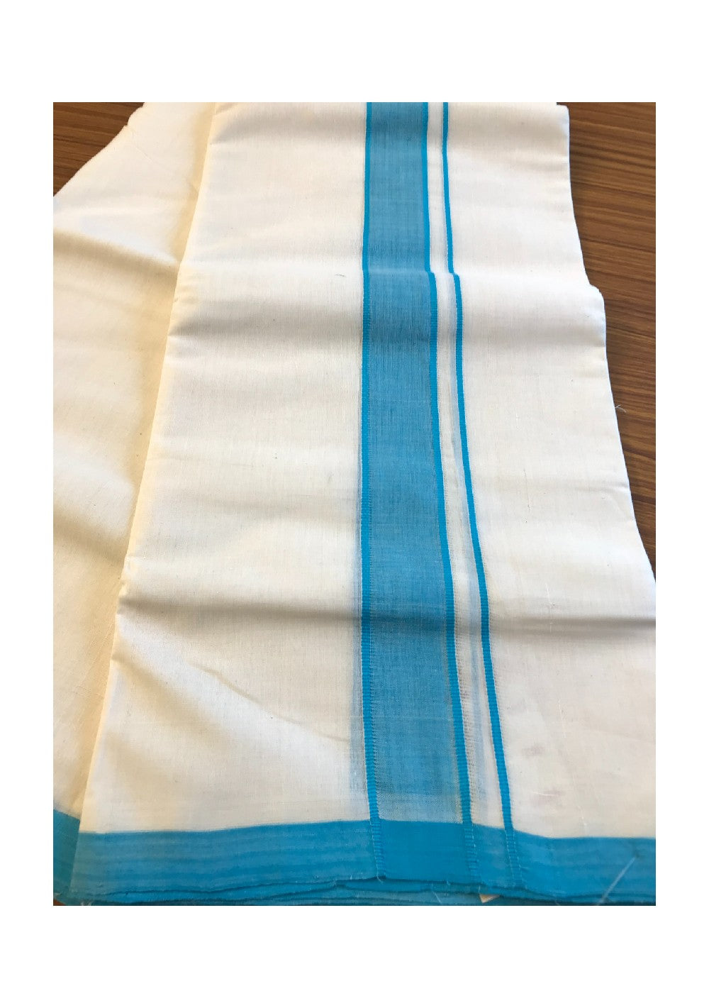 10% DISCOUNT! KaithariKada Balaramapuram  HANDLOOM 100% Cotton Double Off white Mundu/Dhoti-100X100- 2  inch SKY BLUE  Kara-60.