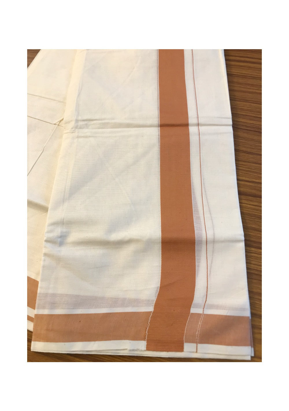 10% DISCOUNT! KaithariKada Balaramapuram 100% Cotton Double Off white Mundu/Dhoti-100X100- 2.25 inch ORANGE BROWN Kara-63.