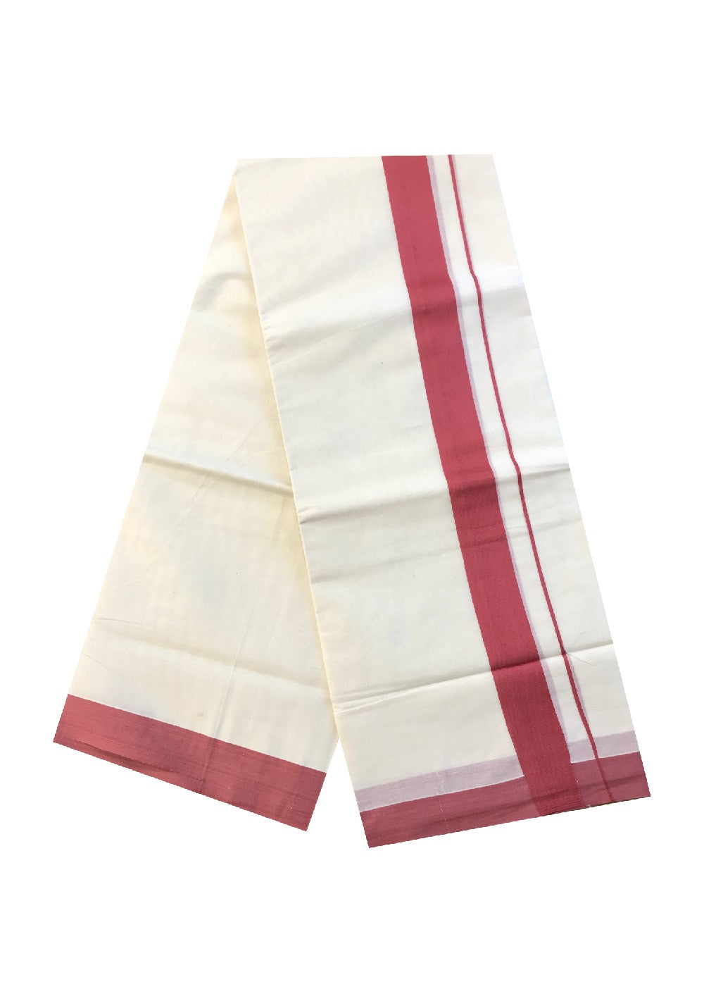 10% DISCOUNT! KaithariKada Balaramapuram 100% Cotton Double Off white Mundu/Dhoti-100X100- 2.5 inch PEACH RED Kara-74.