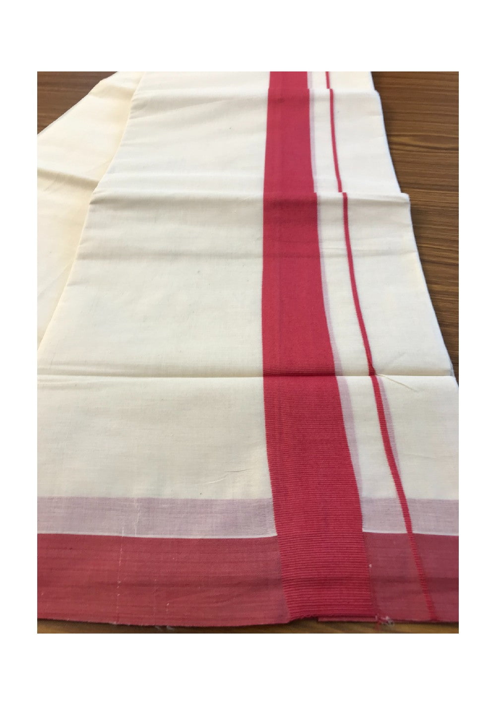 10% DISCOUNT! KaithariKada Balaramapuram 100% Cotton Double Off white Mundu/Dhoti-100X100- 2.5 inch PEACH RED Kara-74.