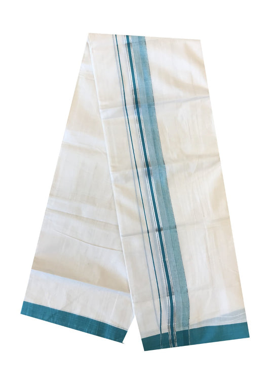 10% DISCOUNT ! KaithariKada Balaramapuram 100% Cotton Double Off white Mundu/Dhoti-100X100-2.25inch SILVER  KASAVU &   PEACOCK BLUE Kara=1.