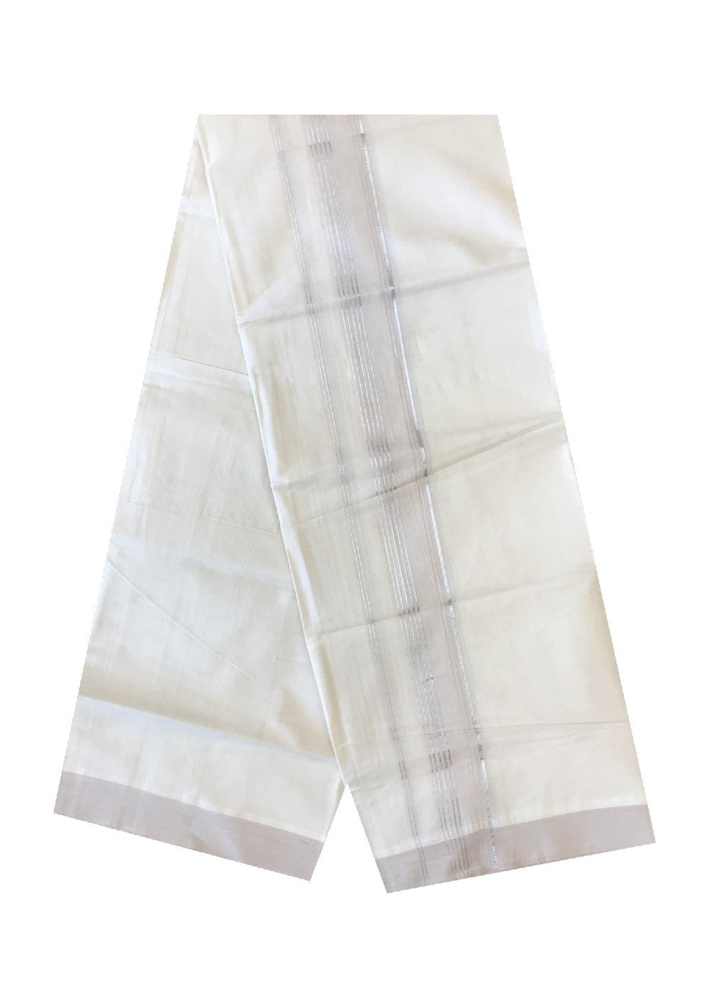 10% DISCOUNT ! KaithariKada Balaramapuram 100% Cotton Double Off white Mundu/Dhoti-100X100- 2.5 inch SILVER  KASAVU & CREAM COLOUR Kara. 7.