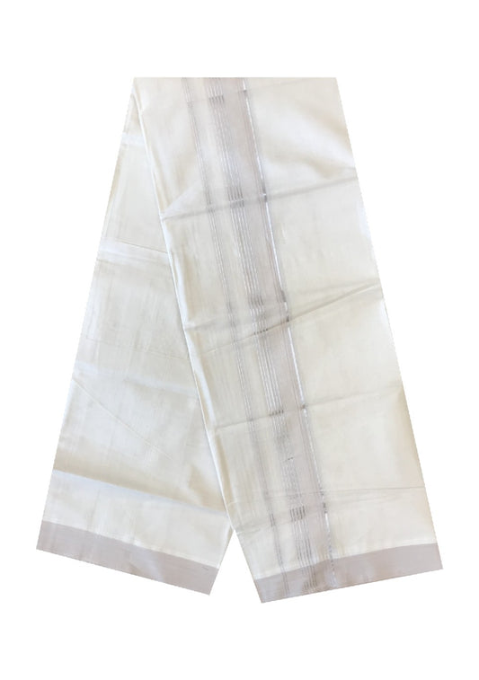 10% DISCOUNT ! KaithariKada Balaramapuram 100% Cotton Double Off white Mundu/Dhoti-100X100- 2.5 inch SILVER  KASAVU & CREAM COLOUR Kara. 7.