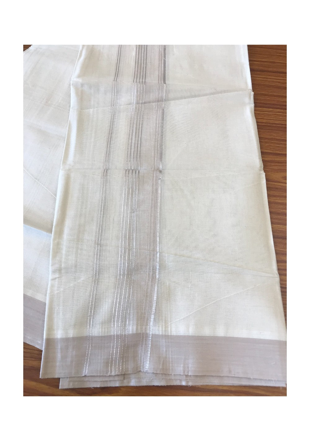 10% DISCOUNT ! KaithariKada Balaramapuram 100% Cotton Double Off white Mundu/Dhoti-100X100- 2.5 inch SILVER  KASAVU & CREAM COLOUR Kara. 7.