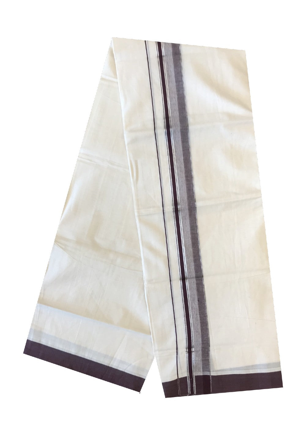 10% DISCOUNT ! KaithariKada Balaramapuram 100% Cotton Double Off white Mundu/Dhoti-100X100- 2.25 inch SILVER  KASAVU & WINE RED Kara-10 .