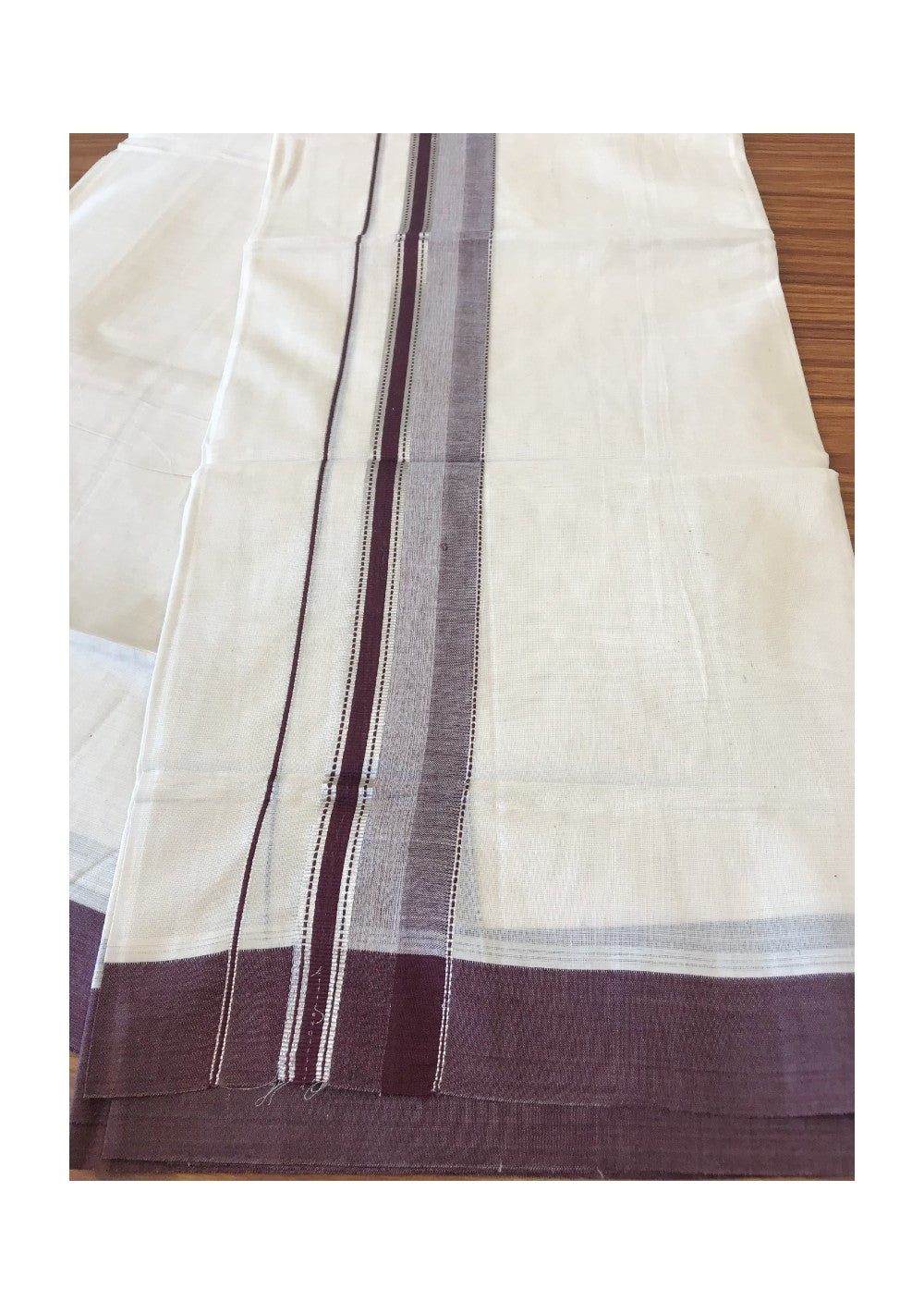 10% DISCOUNT ! KaithariKada Balaramapuram 100% Cotton Double Off white Mundu/Dhoti-100X100- 2.25 inch SILVER  KASAVU & WINE RED Kara-10 .