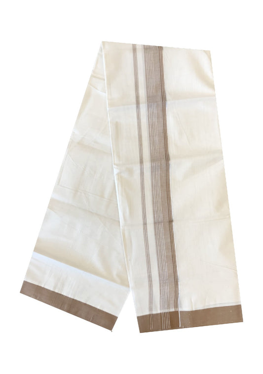 10% DISCOUNT ! KaithariKada Balaramapuram 100% Cotton Double Off white Mundu/Dhoti-100X100- 2.5 inch SILVER  KASAVU & LIGHT  BROWN Kara-12 .