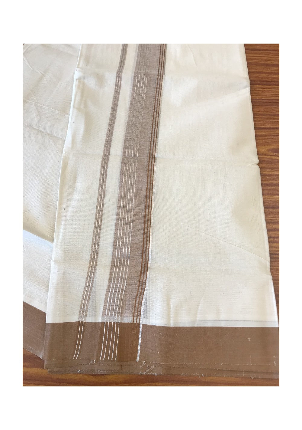 10% DISCOUNT ! KaithariKada Balaramapuram 100% Cotton Double Off white Mundu/Dhoti-100X100- 2.5 inch SILVER  KASAVU & LIGHT  BROWN Kara-12 .