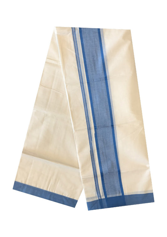 10% DISCOUNT ! KaithariKada Balaramapuram 100% Cotton Double Off white Mundu/Dhoti-100X100-BLUE 3.75 INCH  Kara-23.