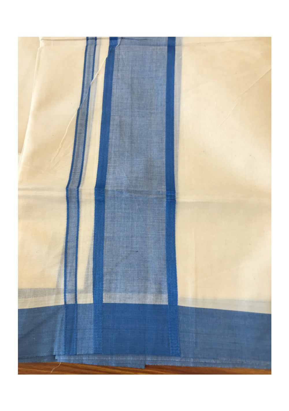 10% DISCOUNT ! KaithariKada Balaramapuram 100% Cotton Double Off white Mundu/Dhoti-100X100-BLUE 3.75 INCH  Kara-23.