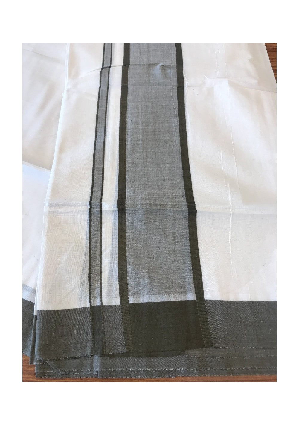 10% DISCOUNT ! KaithariKada Balaramapuram 100% Cotton Double Off white Mundu/Dhoti-100X100-SAGE GREEN 3.5 INCH  Kara-24.