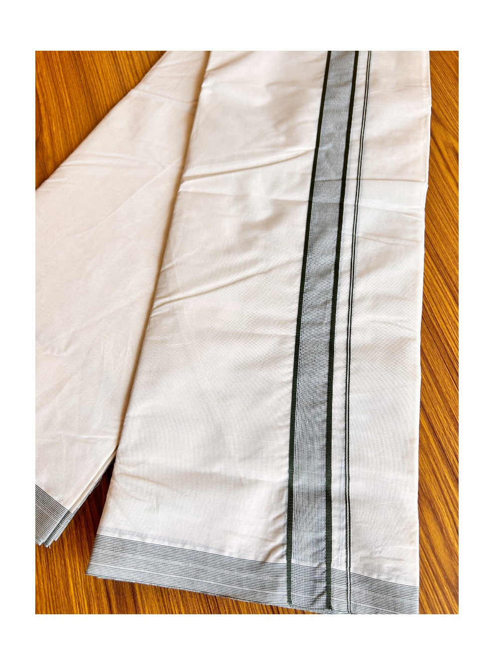 20% DISCOUNT! KaithariKada Balaramapuram 100% Cotton Double Off white Mundu/Dhoti-100x100 SAGE GREEN 1 inch  Stripes Kara-4.