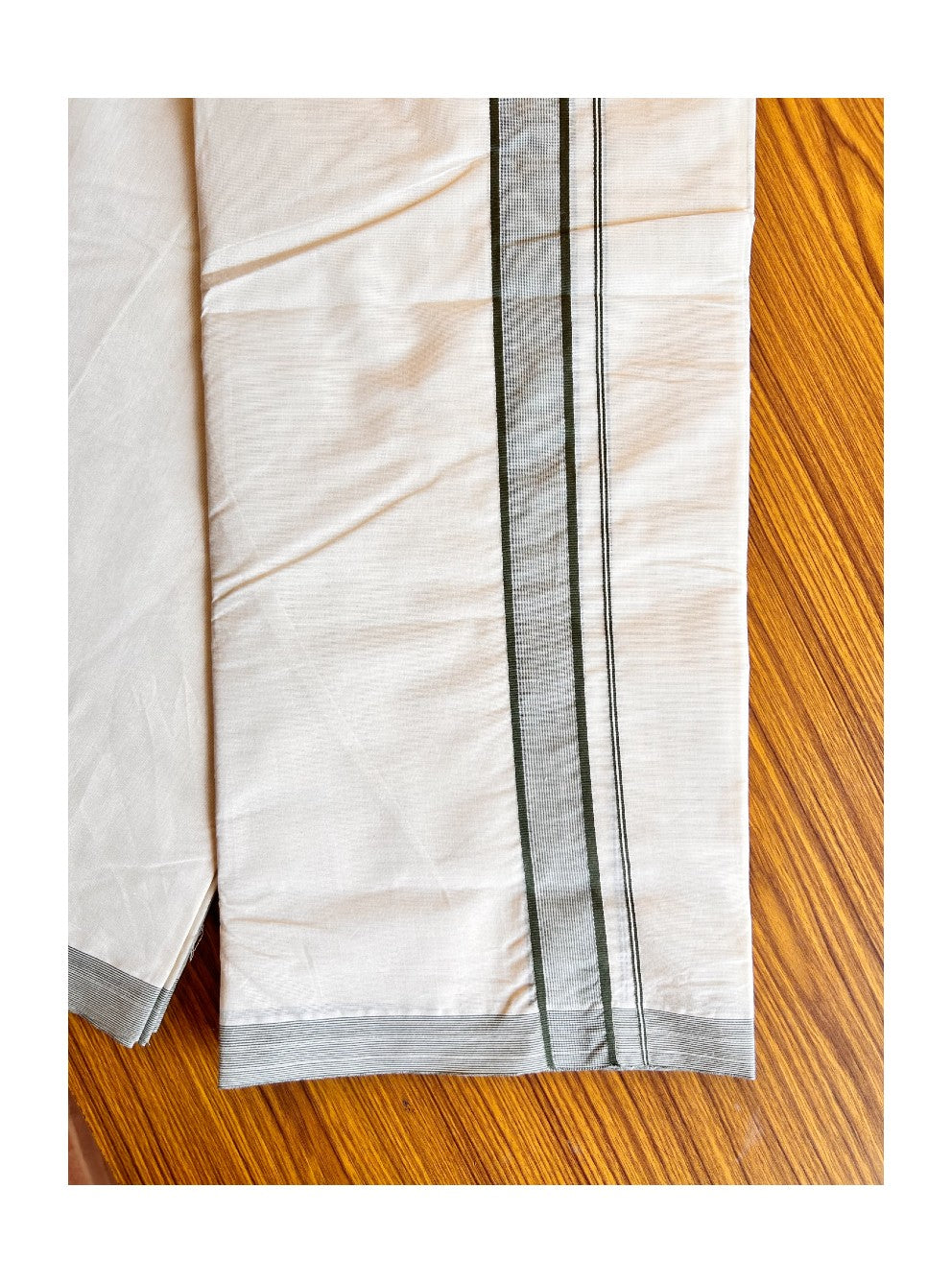 20% DISCOUNT! KaithariKada Balaramapuram 100% Cotton Double Off white Mundu/Dhoti-100x100 SAGE GREEN 1 inch  Stripes Kara-4.