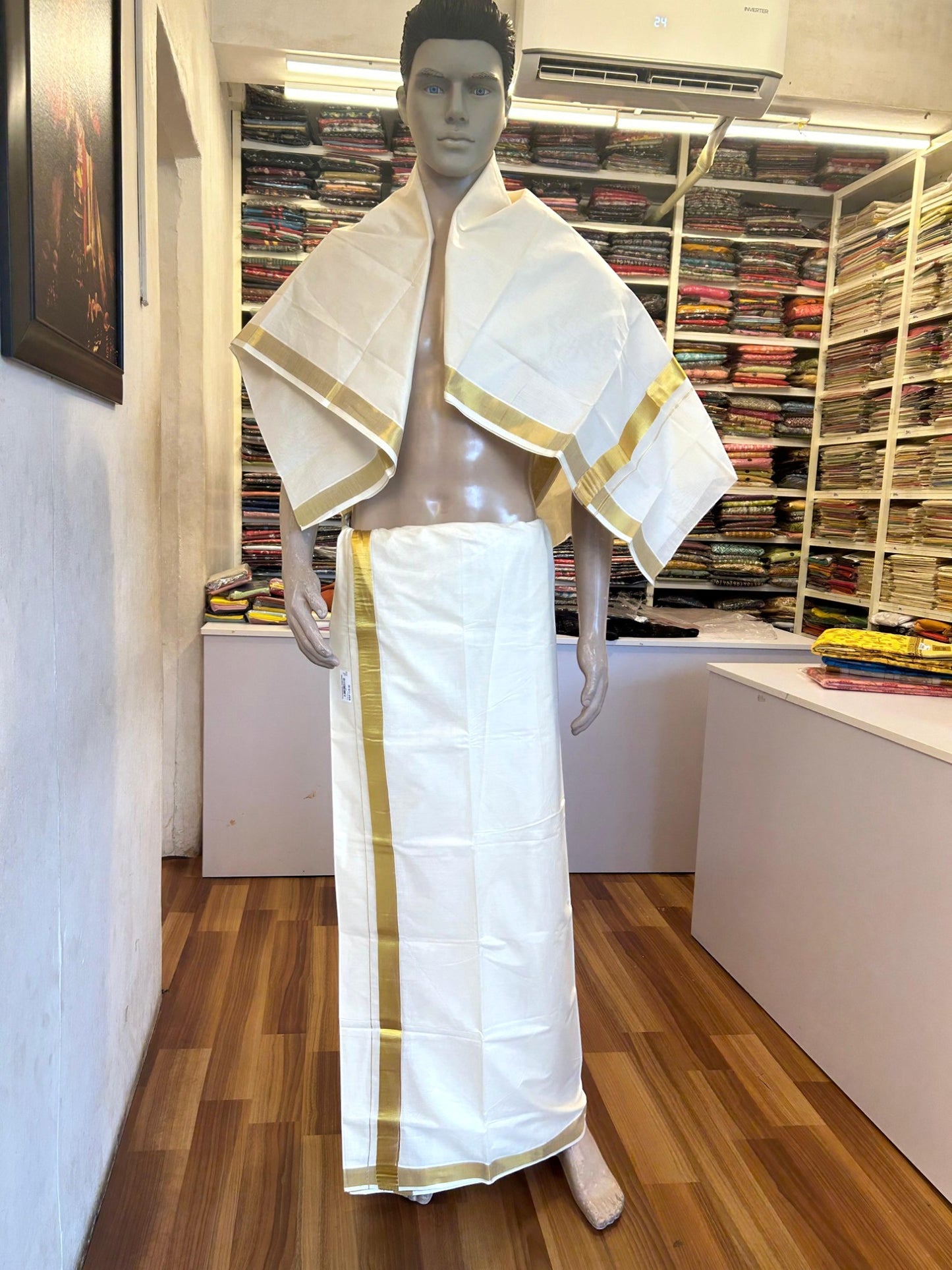 26% Discount !! KaithariKada Balaramapuram 100% Cotton Double Off White - (Unbleached) Mundu/Dhoti & Neriyath (80X72) -  2 inch Gold Kasavu kara - 1KK5064KK