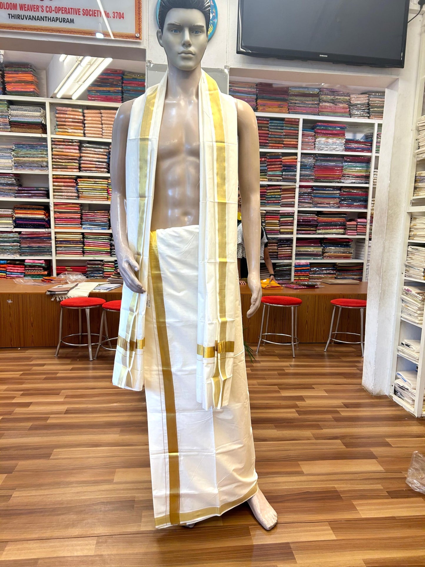 26% Discount !! KaithariKada Balaramapuram 100% Cotton Double Off White - (Unbleached) Mundu/Dhoti & Neriyath (80X72) -  2 inch Gold Kasavu kara - 1KK5064KK