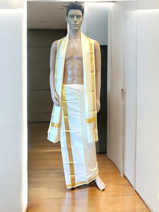 30% Discount !! KaithariKada Balaramapuram 100% Cotton Double Off White - (Unbleached) Mundu/Dhoti & Neriyath (80X72) -  2.75 inch Gold Kasavu kara - 2KK5064KK