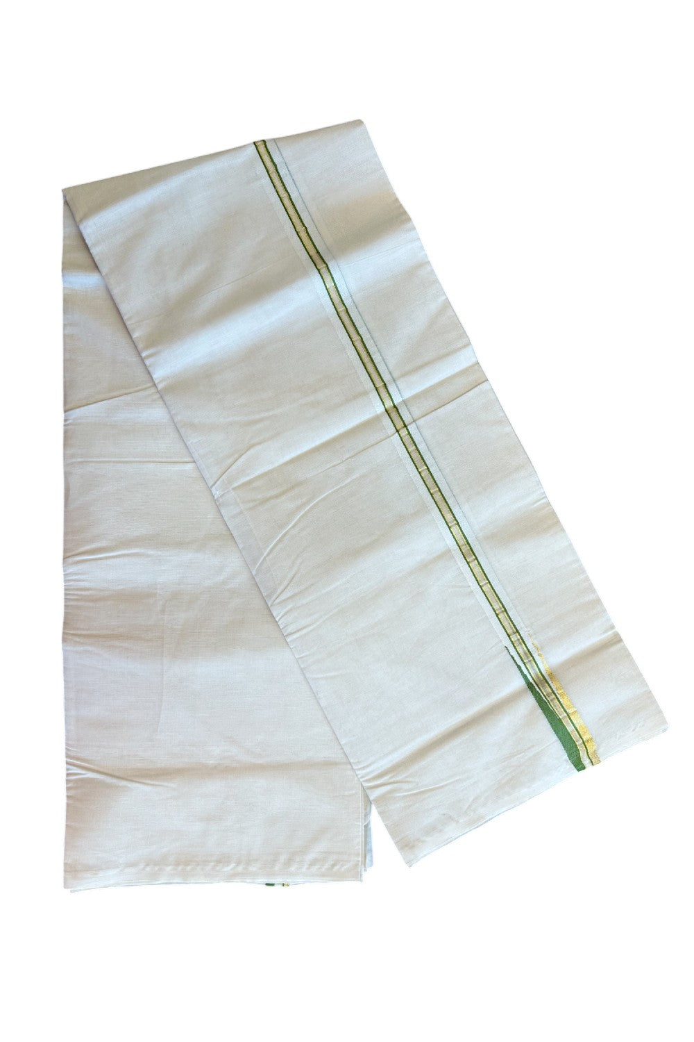 21% DISCOUNT! KaithariKada Balaramapuram 100% Cotton Double Off white - (Unbleached) Mundu/Dhoti-100x100 KASAVU & Green Chutty Puliyilakkara - 3KK5024ASH