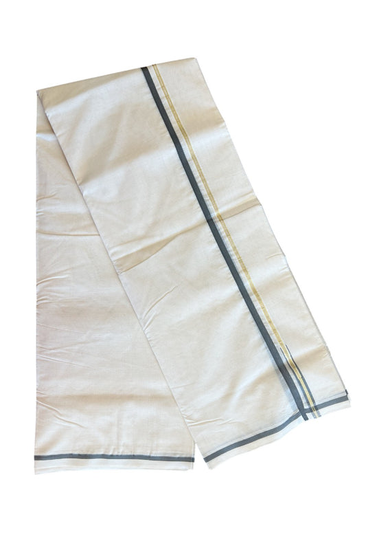 17% DISCOUNT! KaithariKada Balaramapuram 100% Cotton Double Off white - (Unbleached) Mundu/Dhoti-100x100  1.cm Chutty Puliyilakkara Kasavu & Dark Grey Kara - 2KK5028ASH