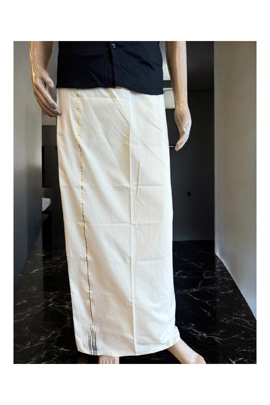 28% DISCOUNT ! KaithariKada Balaramapuram 100%  COTTON SINGLE OFF WHITE Mundu/Dhoti-100X100-  0.25 cm double Dark Blue Chutty- 13KK400ASH