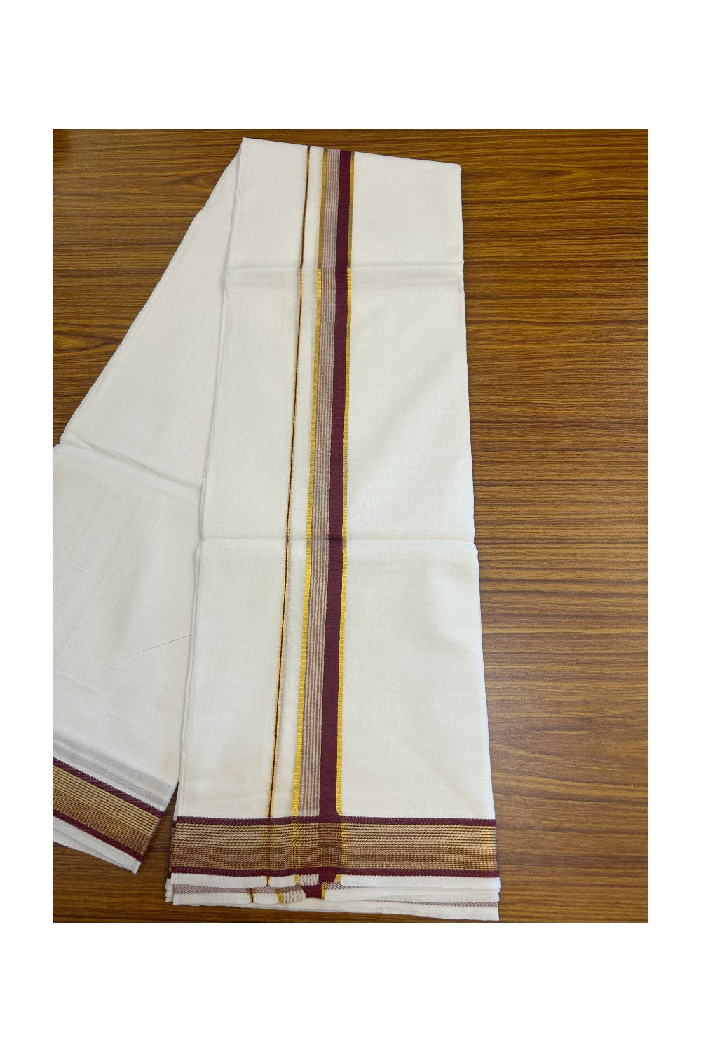 16% DISCOUNT! KaithariKada Balaramapuram 100% Mercerised Cotton Double PURE white Mundu/Dhoti - 100x100  1.25 inch Maroon & Kasavu stripes Kara - 22KK5135GAN